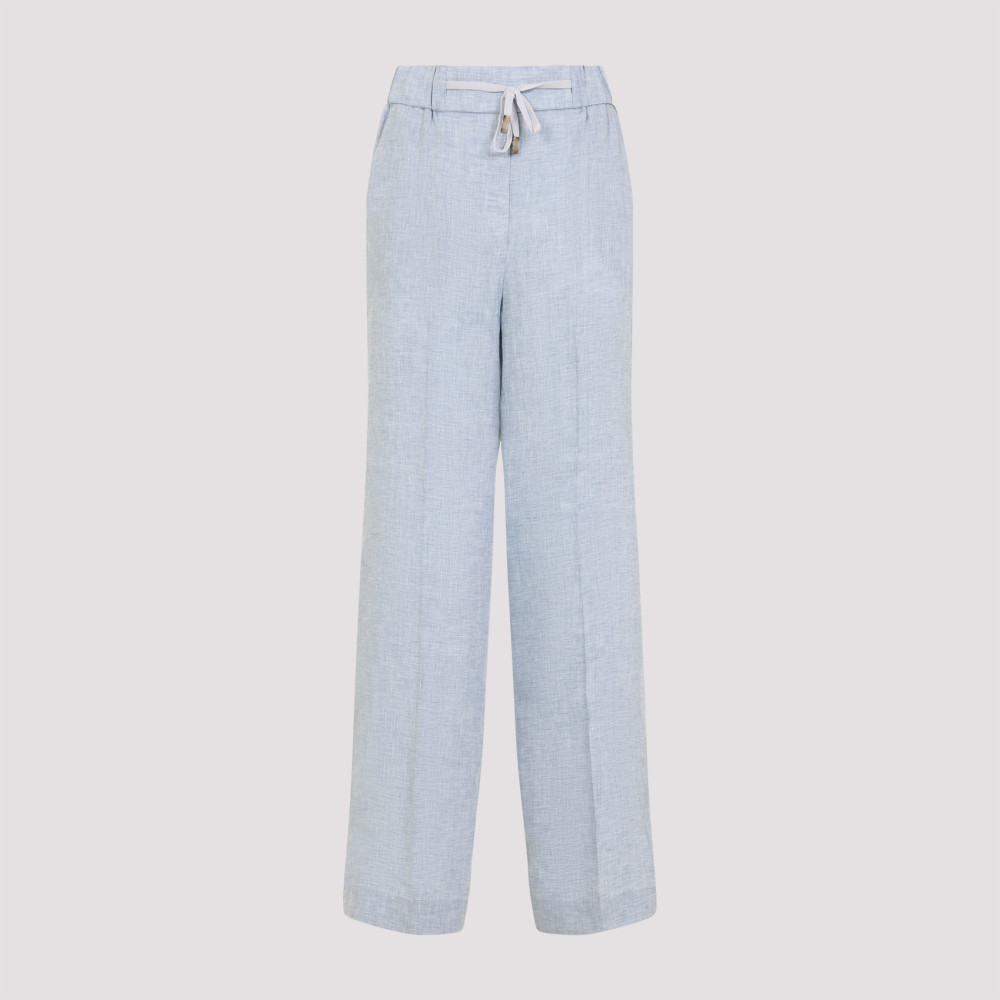 Peserico Pinstriped Linen Straight Trousers In Blue