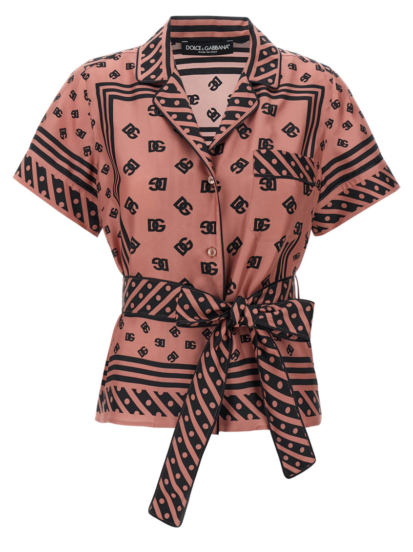 Dolce & Gabbana Pink Shirt With All-over Printed Dg Logo And Waist Belt In Silk Woman In Pink