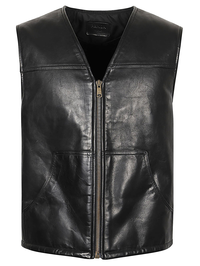 Prada Sleeveless V-neck Leather Vest With Raised Stitching In Black