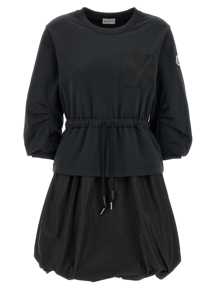 Moncler Black Dress With Elastic Waist And Logo Patch On The Sleeve In Tech Fabric Woman In Black