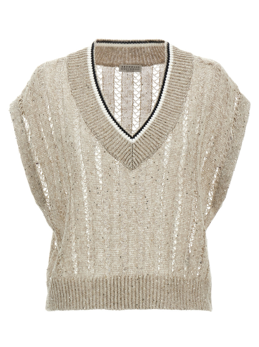 Brunello Cucinelli Women Dazzling Ribbed Net Knitted T-shirt In Linen In Beige
