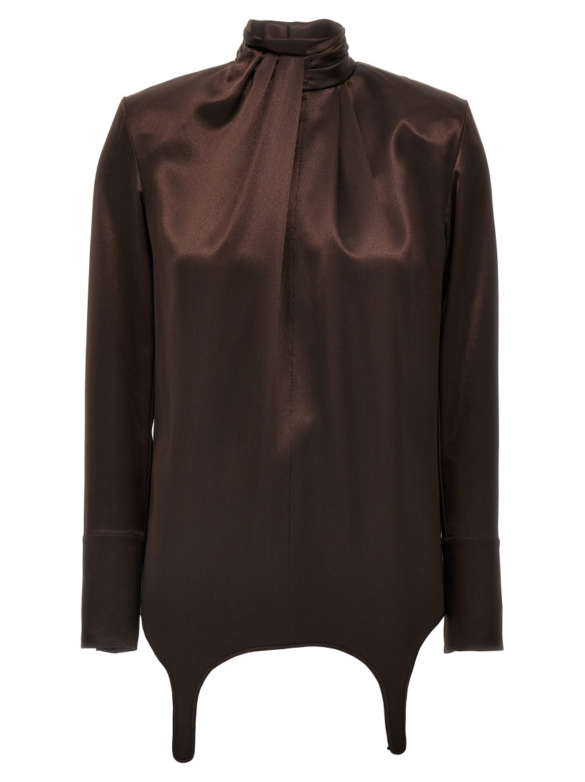 Saint Laurent Satin Blouse High Neckline Buttoned Cuffs In Brown