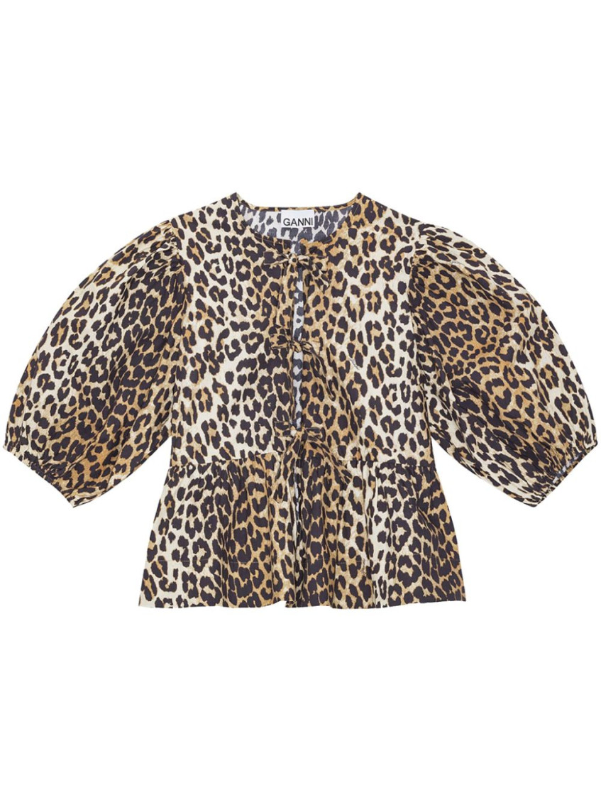 Ganni Multicolor Blouse With Front Tie Closure And All-over Leopard Motif In Cotton Woman In Leopard Print