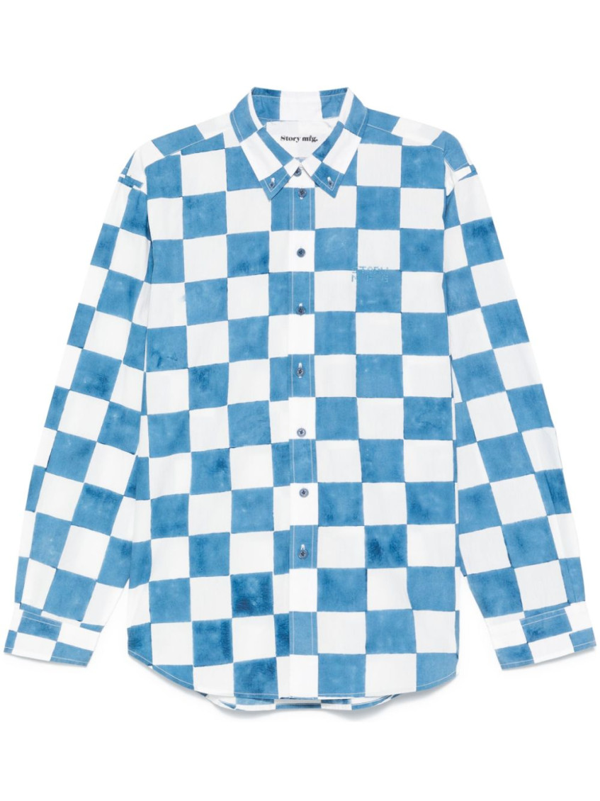 Story Mfg. Story Mfg Front Button Casual Shirt With Checkered Pattern In White