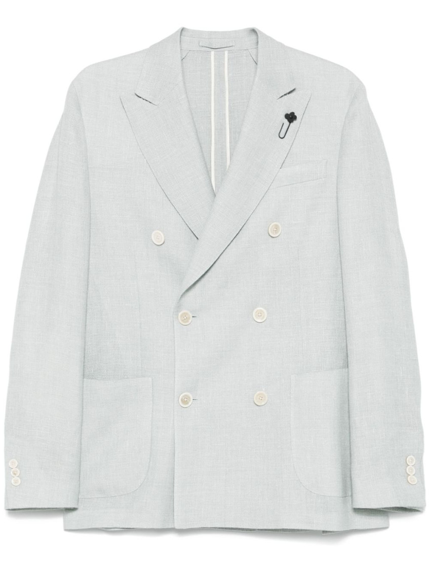Lardini Linen Double-breasted Jacket Buttoned Cuffs In Light Blue