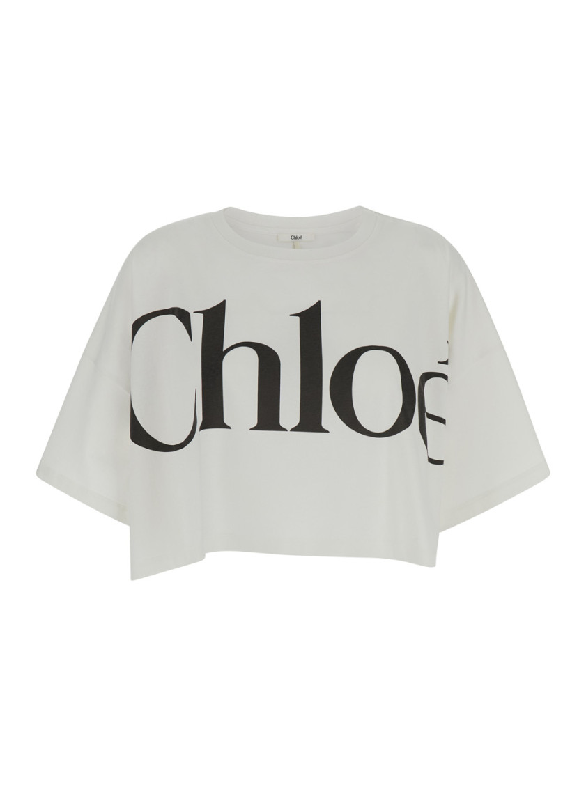 Chloé White Cropped Crewneck T-shirt With Maxi Logo Print On The Front In Cotton Woman In White