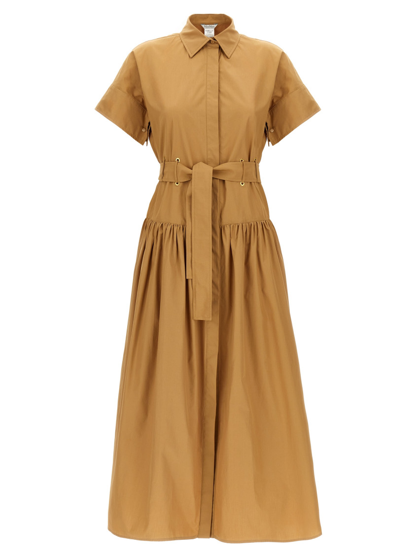 Max Mara Agoraio Belted Eyelet-embellished Cotton-poplin Midi Shirt Dress In Brown