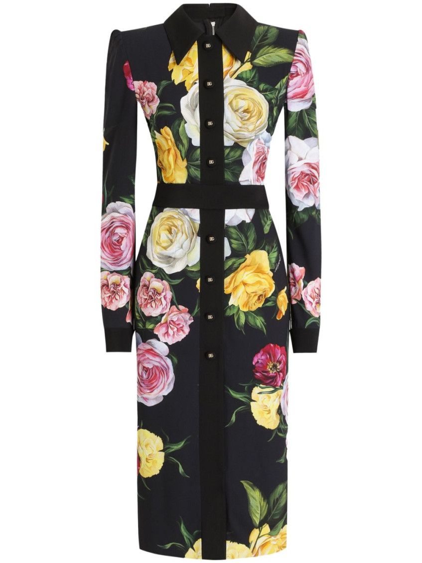 Dolce & Gabbana Calf-length Cady Shirt Dress With Peony And Rose Print In Black