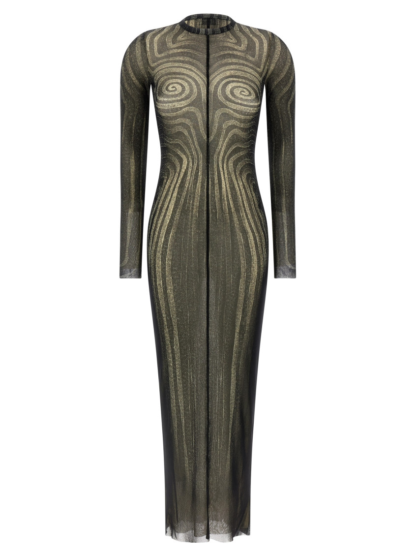 Jean Paul Gaultier Printed Spiraral Long Dress Woman Black In Black