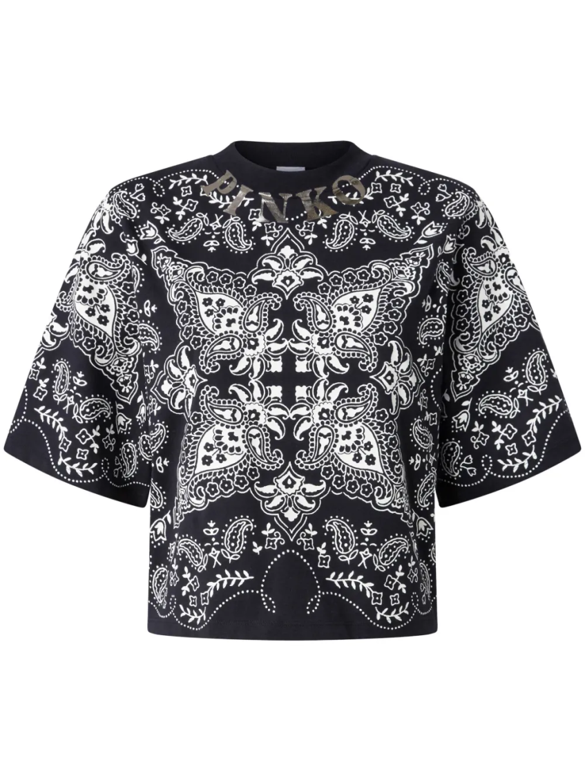 Pinko Crew Neck Paisley Pattern Short Sleeves Tops In Dark Grey