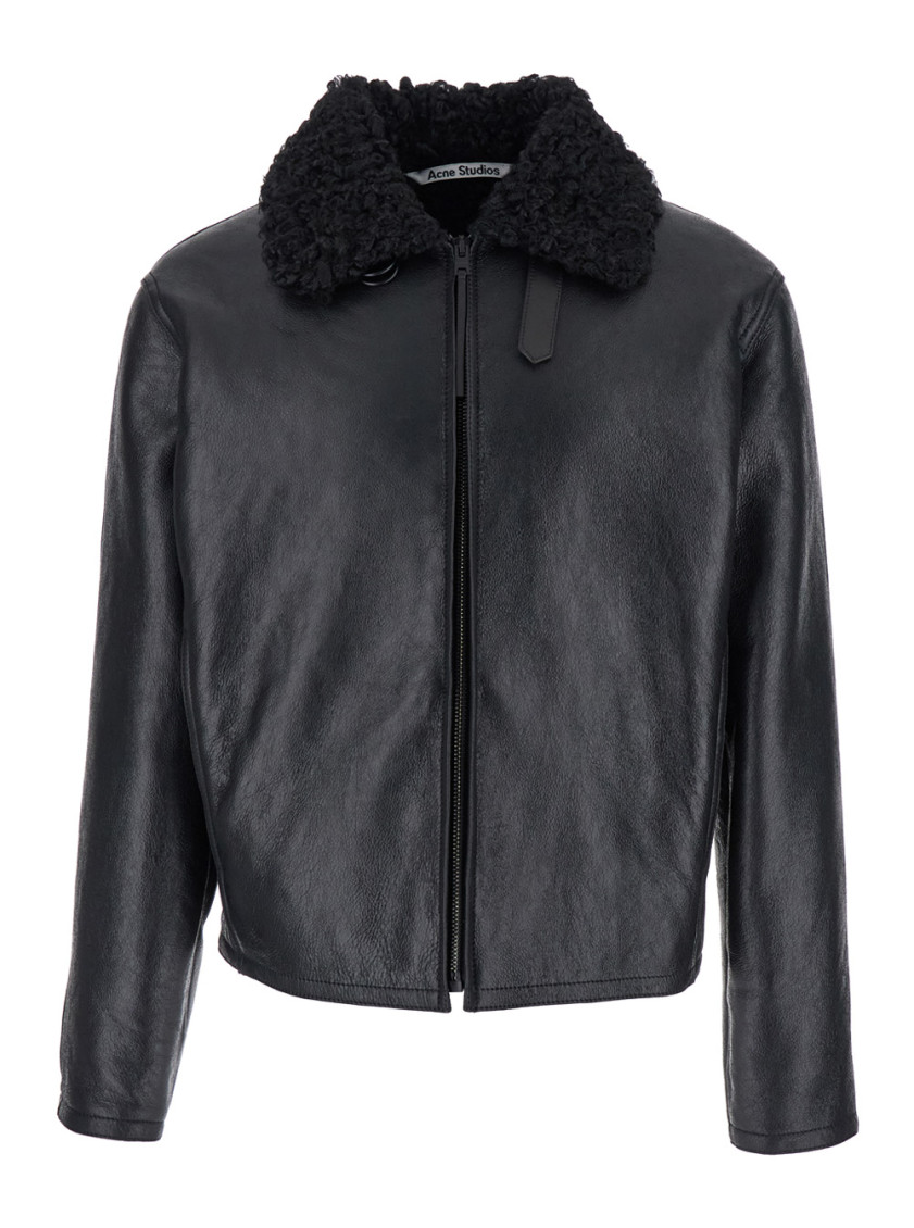Acne Studios Black Bomber Jacket With Fur Detail On The Collar In Leather Man In Multicolor