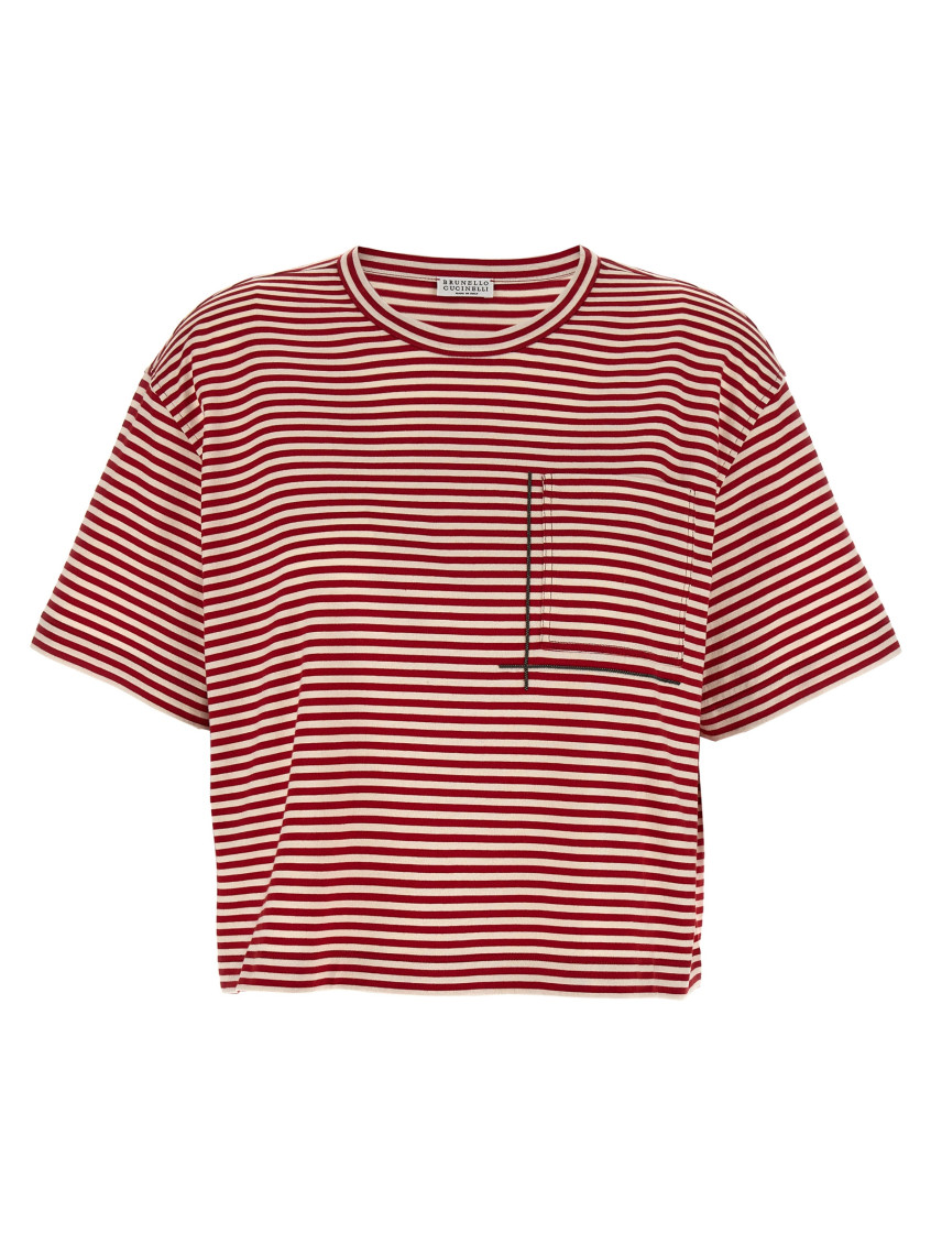 Brunello Cucinelli Red Crewneck T-shirt With All-over Striped Motif And Jewel Detail On The Front In In Red