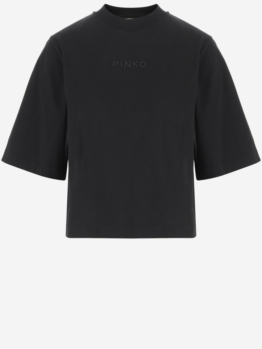 Pinko Logo-embroidered Cotton Cropped T-shirt In Black