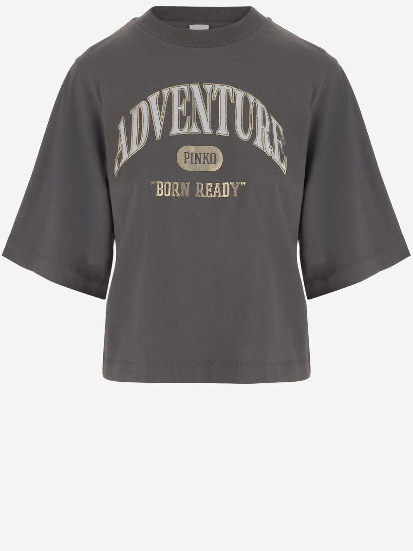 Pinko Cotton T-shirt With Logo Print In Dark Brown