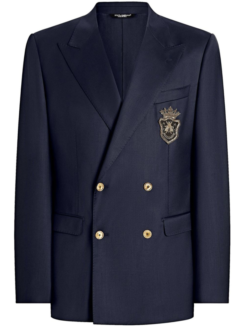 Dolce & Gabbana Men Double-breasted Wool Jacket With Patch In Navy Blue