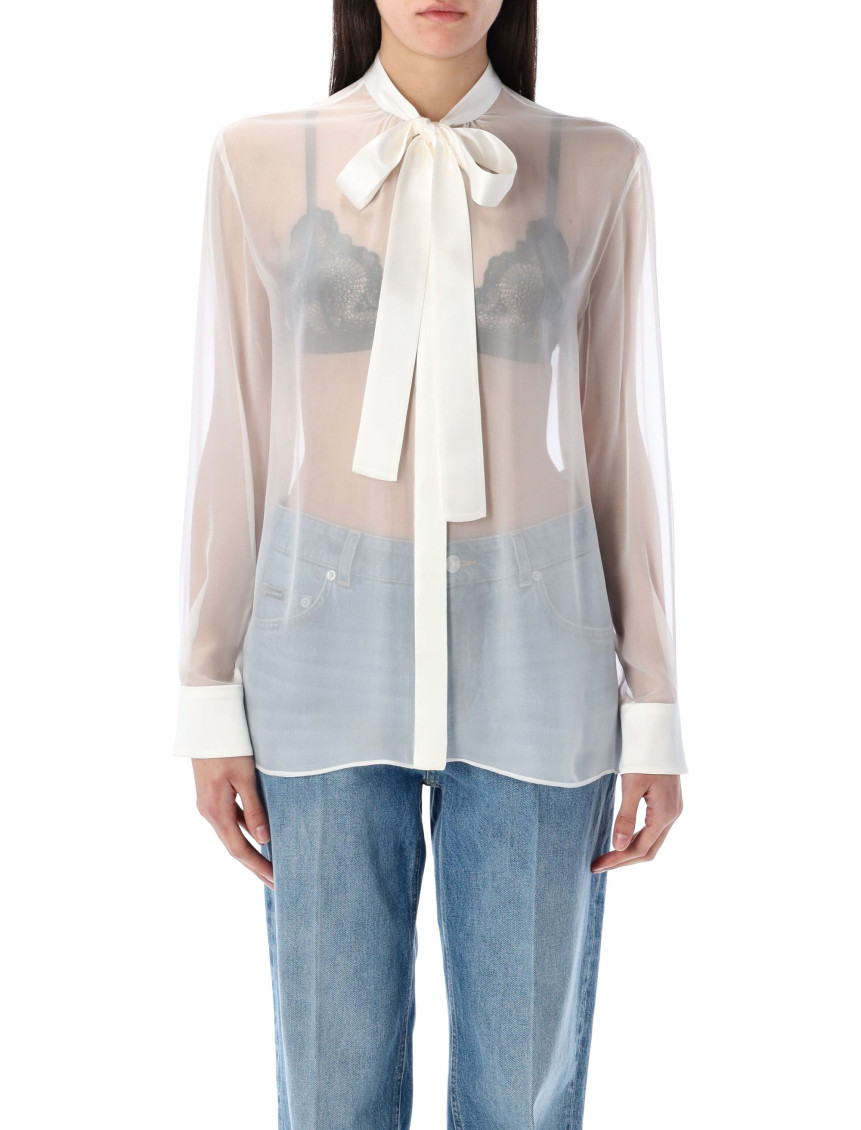 Shop Dolce & Gabbana White Silk Chiffon Bow Shirt