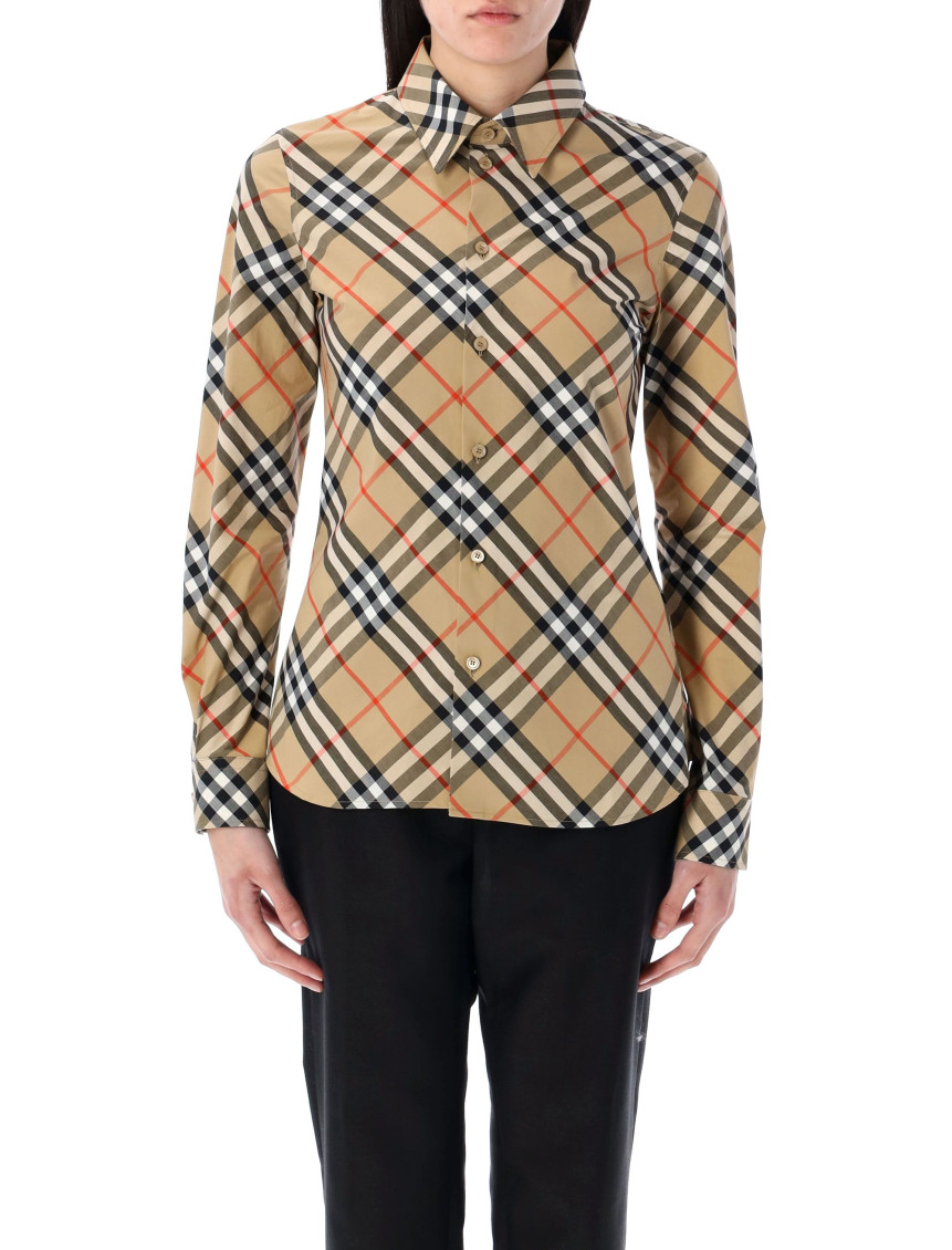 Burberry Beige Shirt With Classic Collar And All-over Check Motif In Cotton Woman In Beige