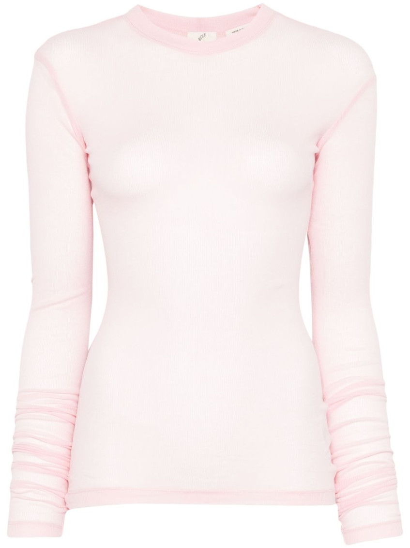 Bite Studios Ribbed Cotton Long-sleeve T-shirt With Gathered Sleeves In Pink