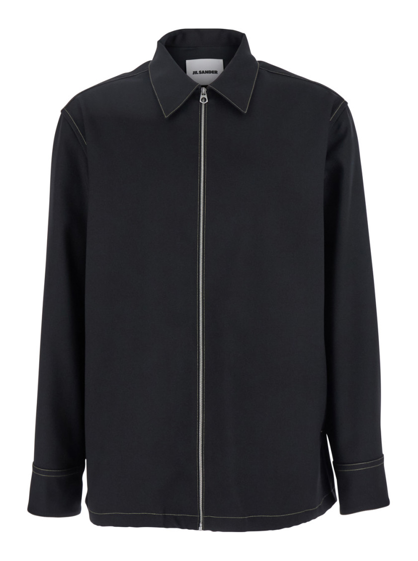 Jil Sander Black Zip-up Shirt With Contrasting Stitching In Tech Fabric Man In Black