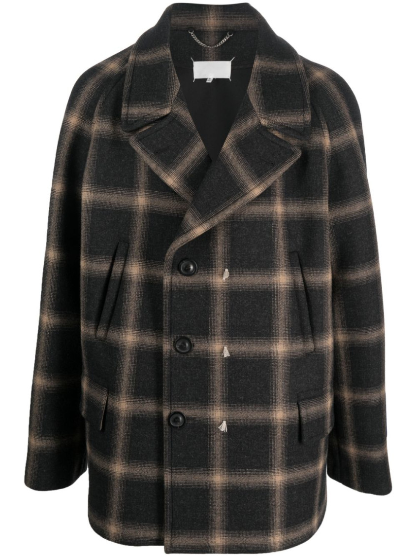 MAISON MARGIELA BLACK CHECK-PATTERN WOOL COAT
