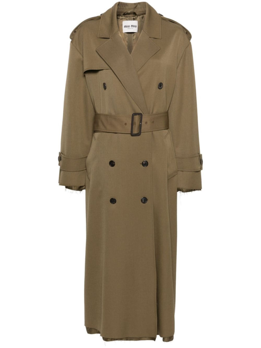 MIU MIU BROWN RAW-CUT MAXI TRENCH COAT