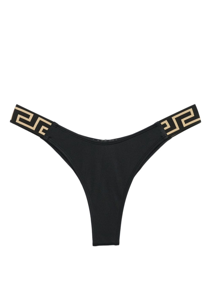 Versace Black Bikini Bottoms With Greca Motif Detail And High Cut In Tech Fabric Stretch Woman In Black