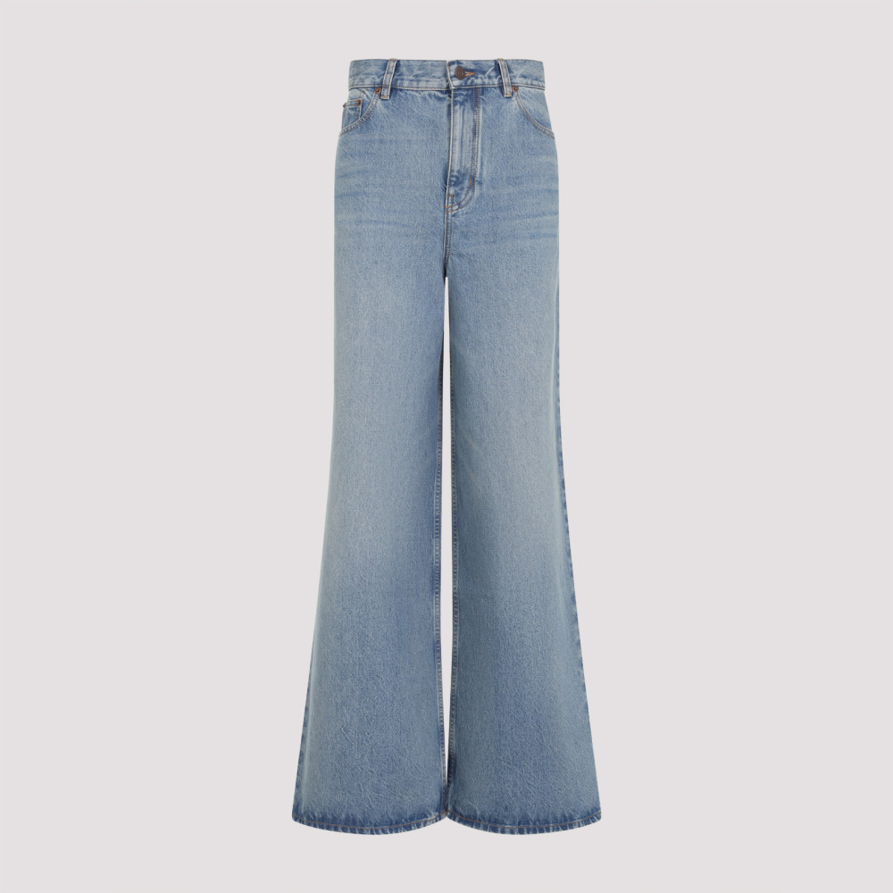 Chloé Belted Flared Wide-leg Cotton Trousers In Blue