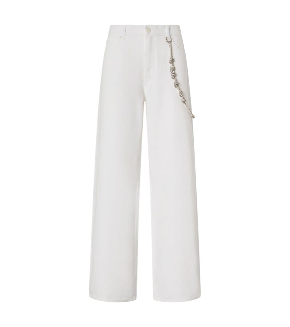 Pinko White Pants With Logo Patch On The Back And Chain Detail With Rhinestones In White