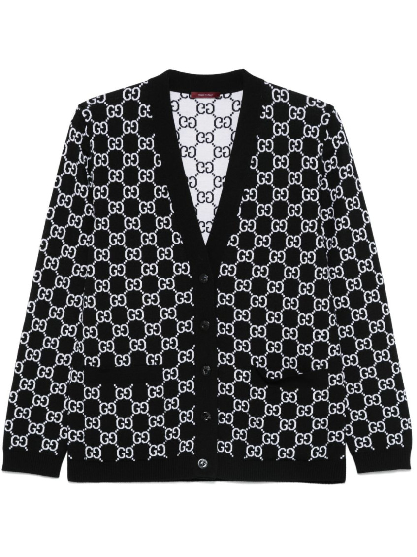 Gucci Black Reversible Cardigan With V Neck In Gg Canvas Woman In Black