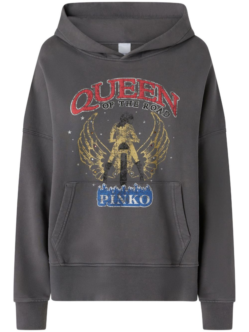 Pinko Motorbike Rider-print Oversized Hoodie In Dark Grey