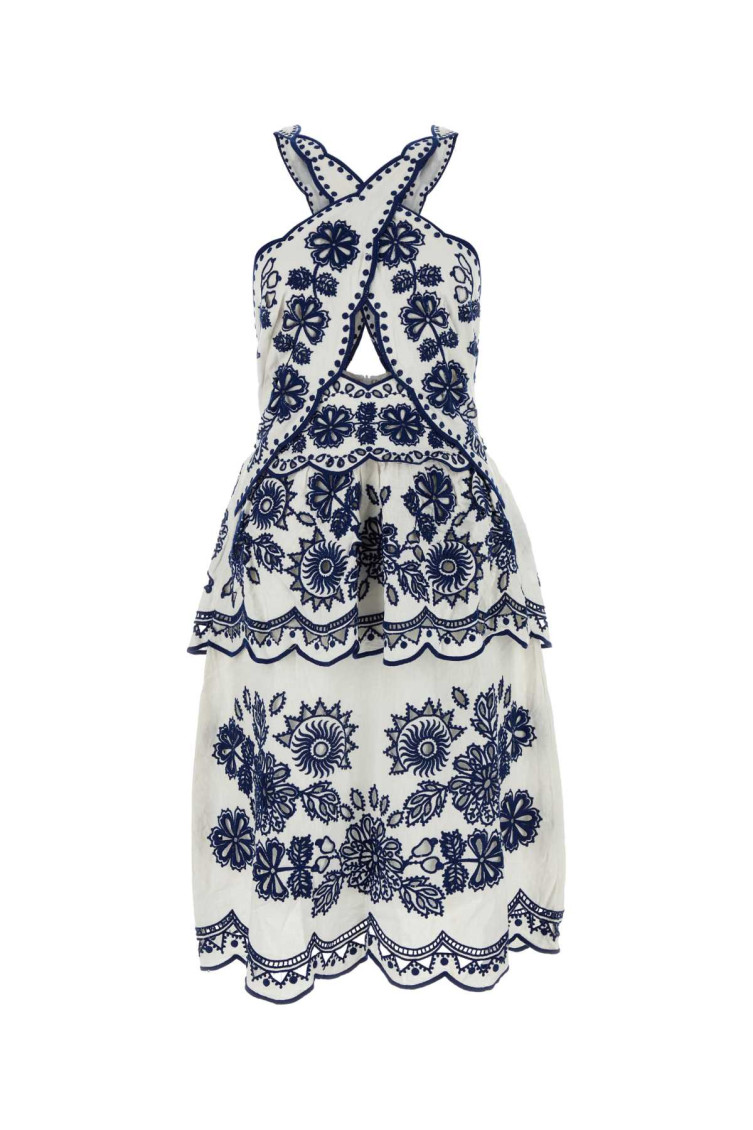 FARM RIO OFF WHITE EMBROIDERED LINEN BLEND RICHELIEU DRESS 