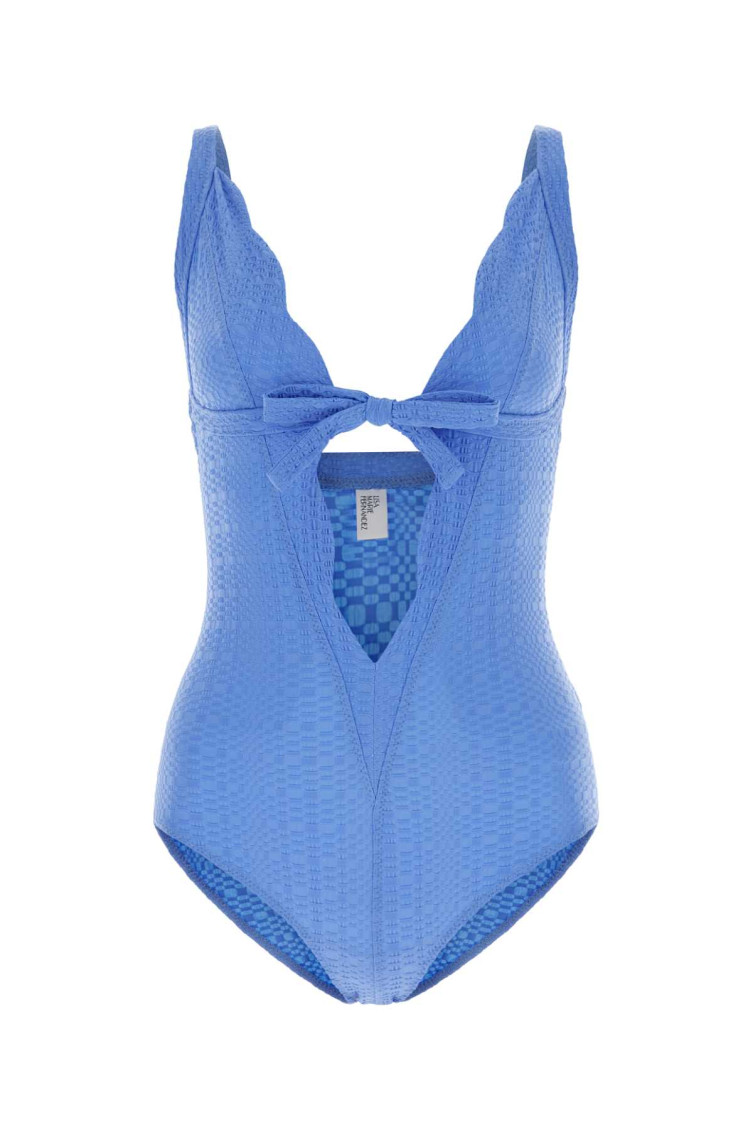 Lisa Marie Fernandez Scallop Bow Swimsuit In Stretch Seersucker In Blue