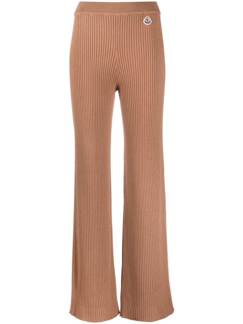 Moncler Logo-patch Ribbed-knit Trousers In Beige