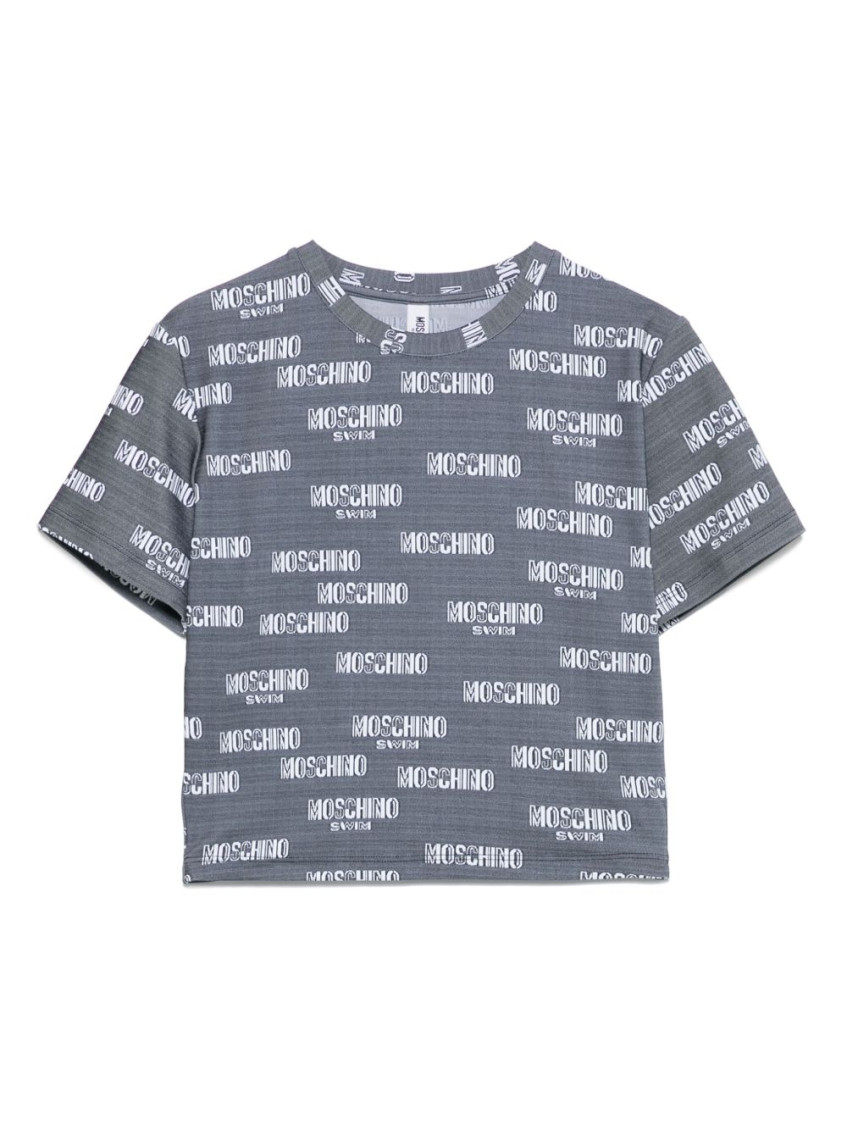 Moschino Cropped Grey T-shirt With Repeated Logo Print In Blue