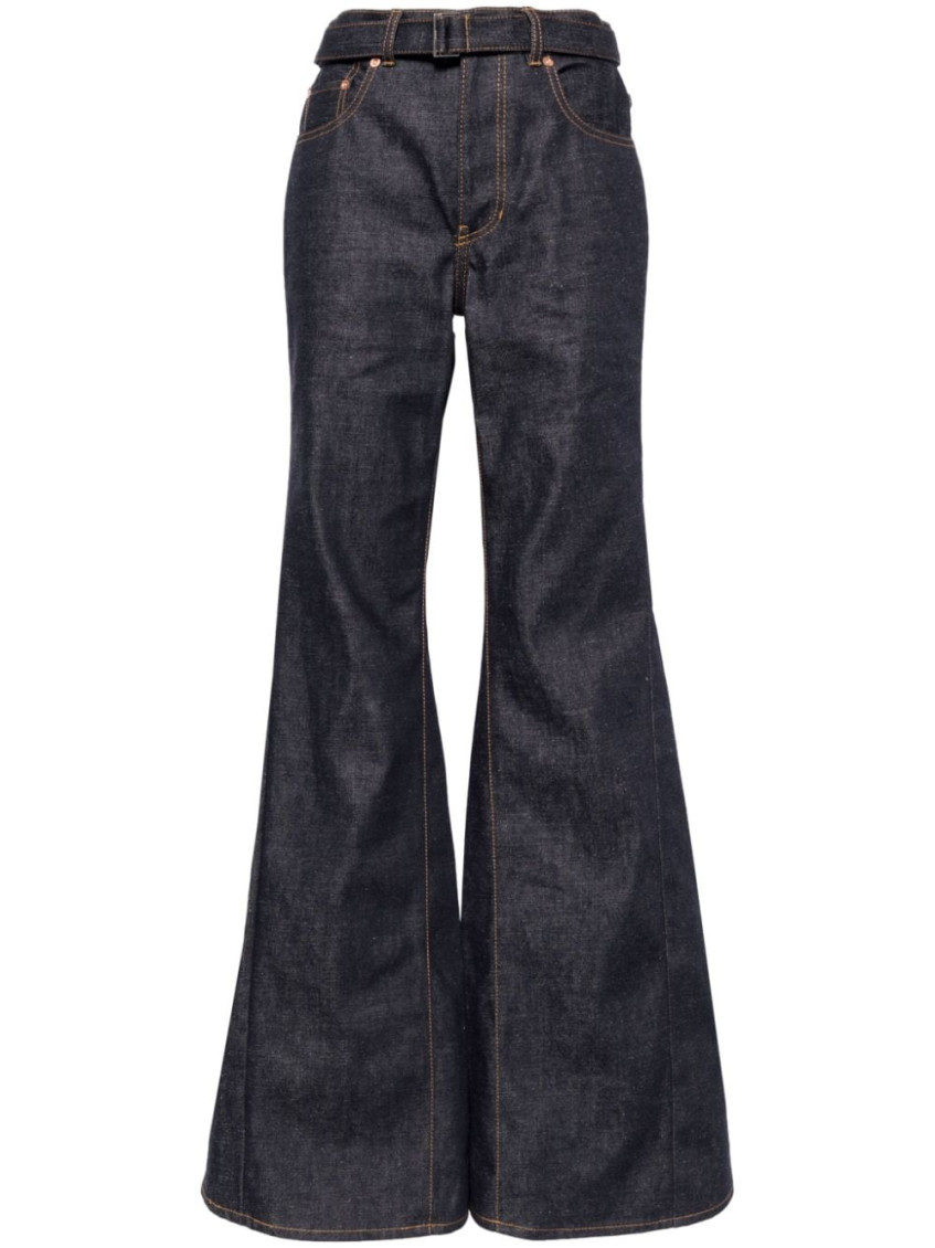 Shop Sacai Dark Blue Denim Flared Jeans
