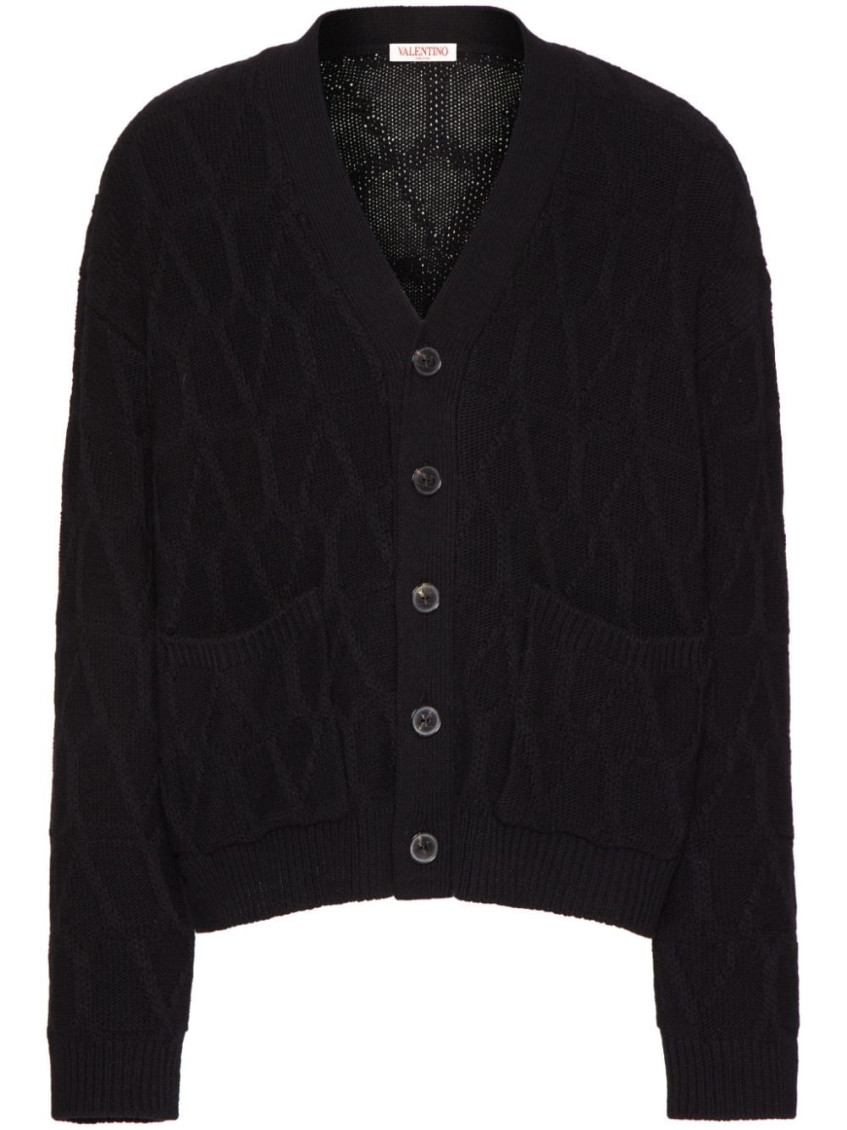 Valentino Textured Wool Cardigan With Embroidered Motif In Black