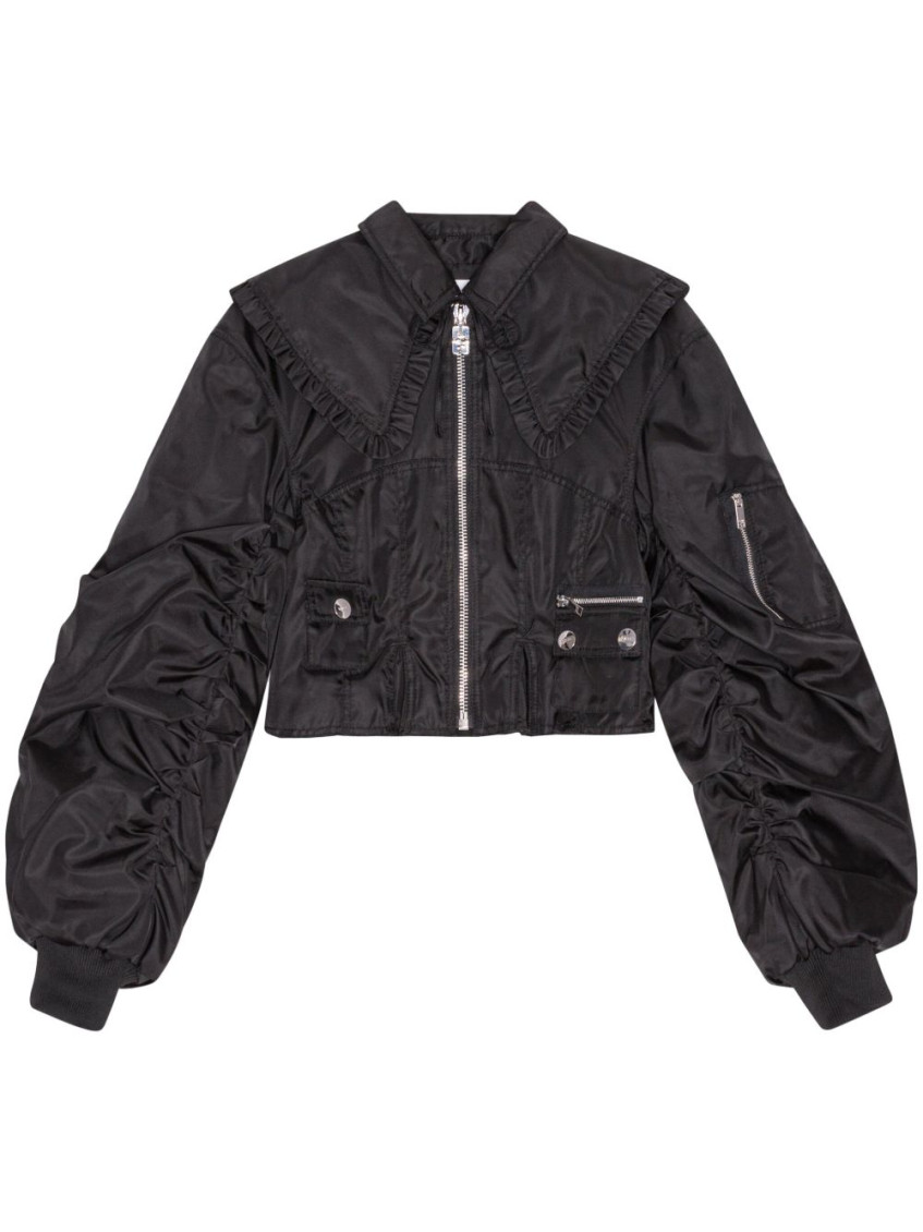 Ganni Black Ruffle Collar Bomber Jacket In Black