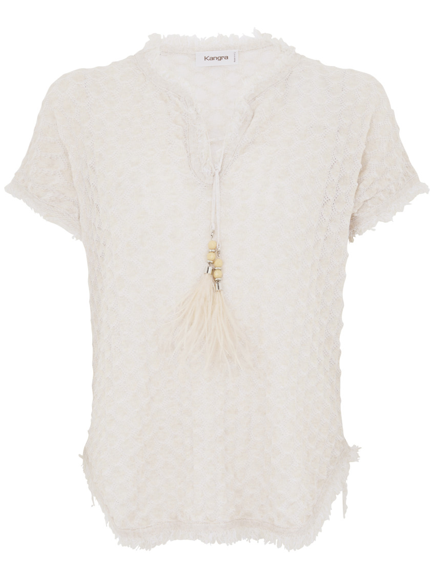 Kangra Cashmere Ecru Cotton Blend Short-sleeved Sweater In White