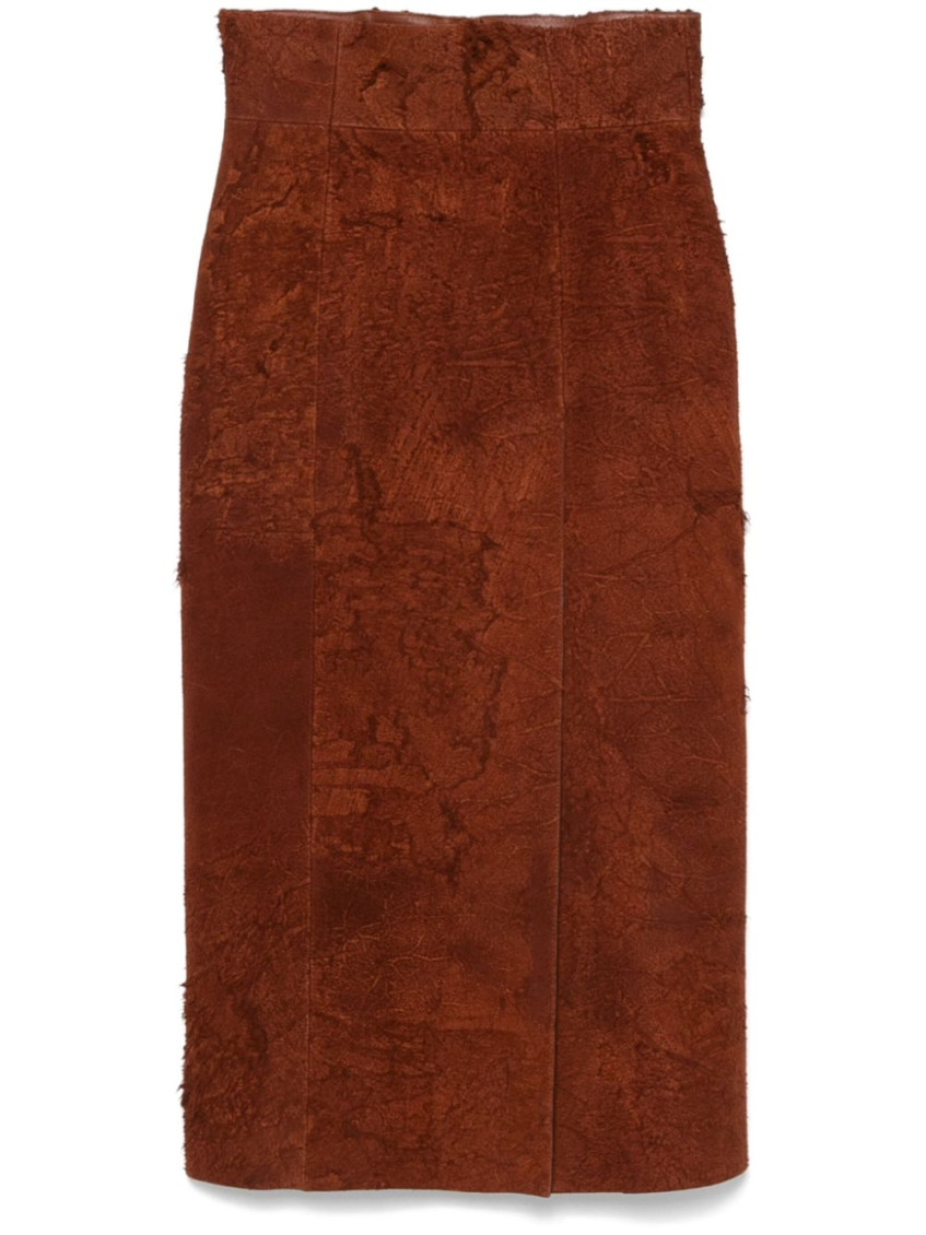 Alexander Mcqueen Womens Brown Brushed-suede Split Leather Midi Skirt In Brown