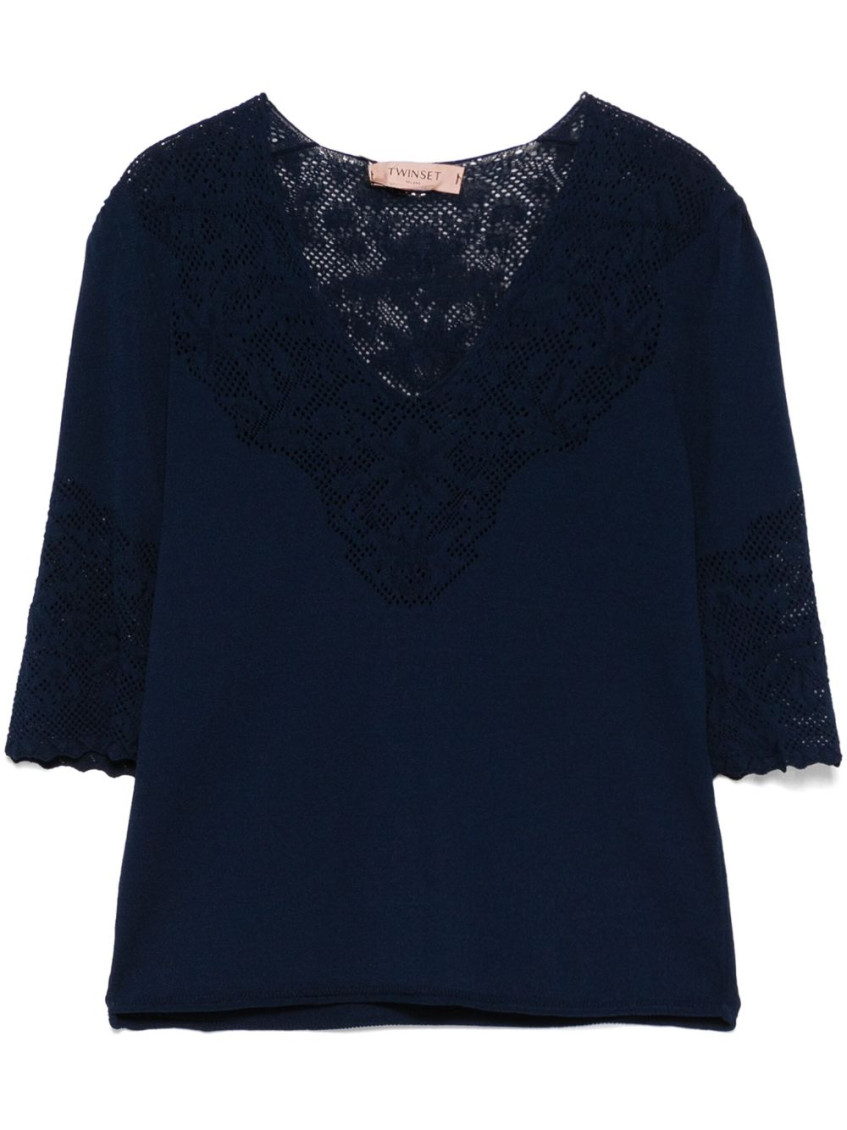 Twinset Twin-set Deep V-neck Sweater With Lace Detailing
