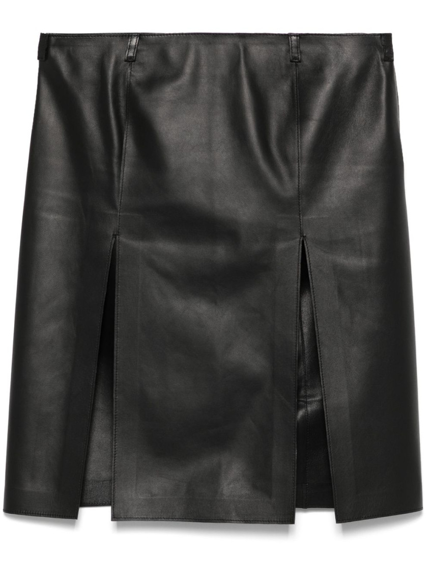 Attico Black Leather Skirt With Front Slits In Black