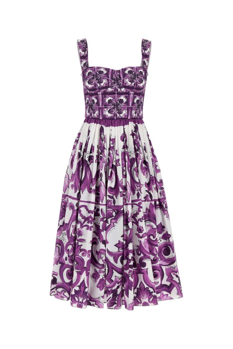 Dolce & Gabbana Women Cotton Midi Dress With Maiolica Print In Purple