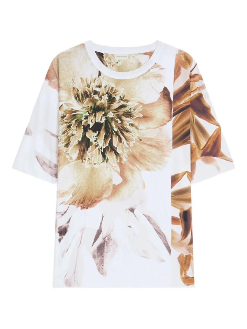 Dries Van Noten Floral Print Round Neck Short Sleeve Top In Multi