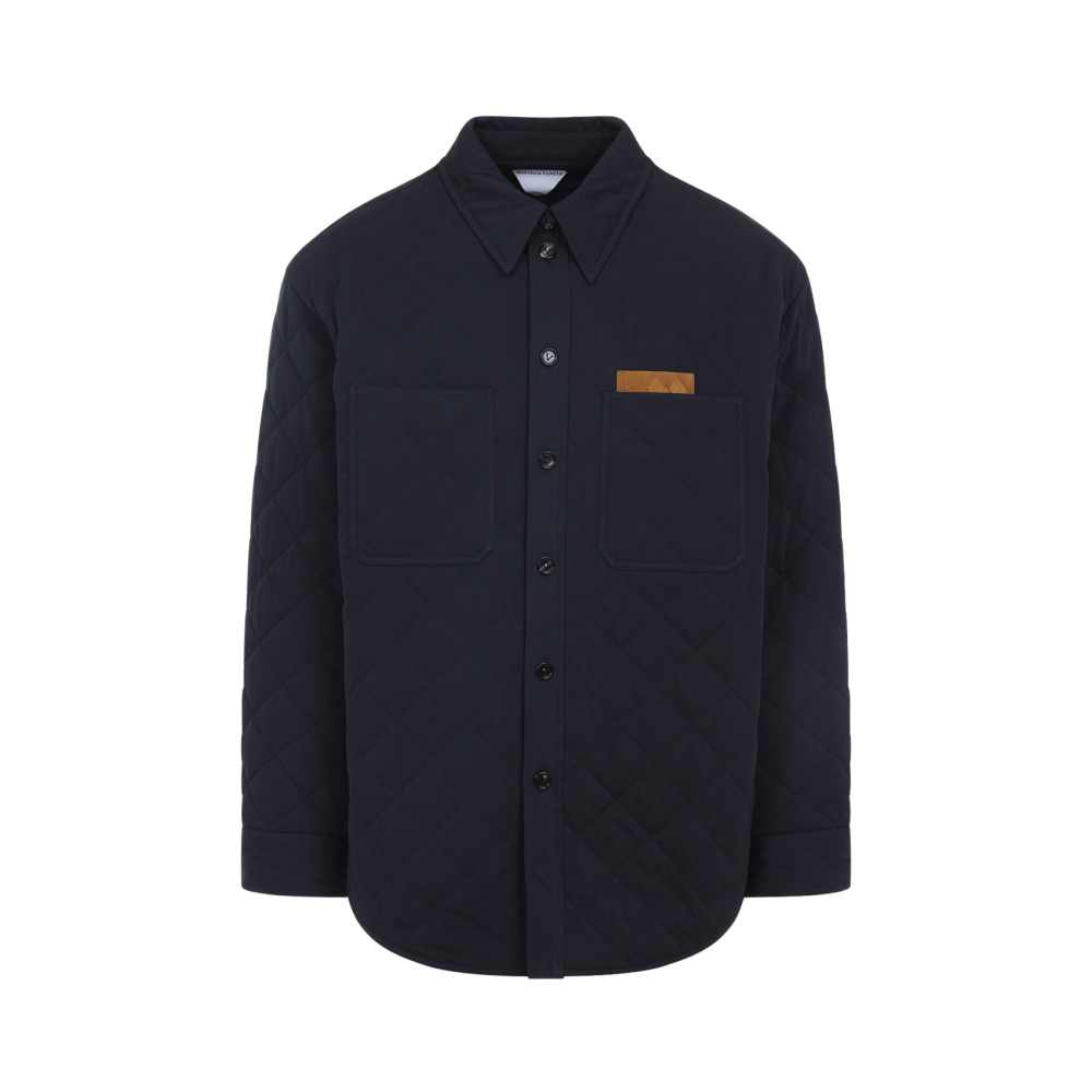 Bottega Veneta Quilted Cotton Overshirt With Front Pocket And Rounded Hem In Blue