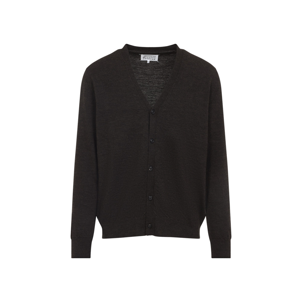 Maison Margiela Brown Wool Cardigan With Suede Elbow Patches In Gray