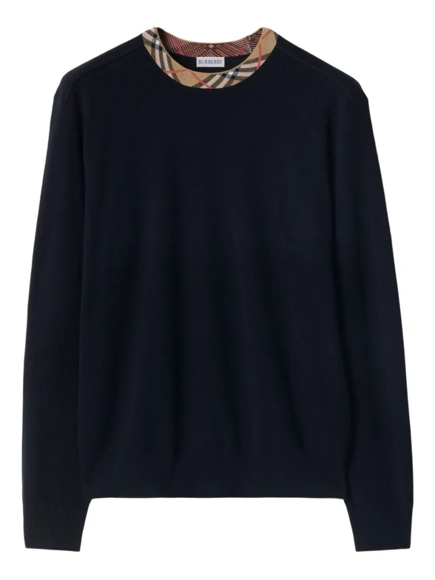 Burberry Crew Neck Knitwear With Distinctive Patterned Collar In Black
