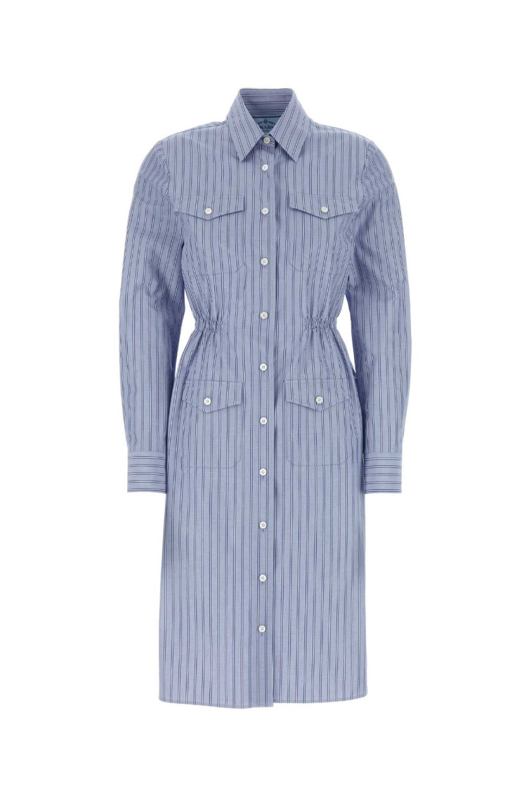 Prada Embroidered Shirt Dress With Pockets And Cinched Waist In Blue