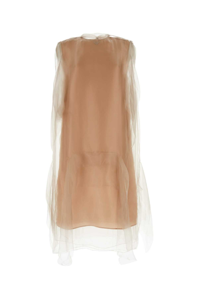 Prada Sheer Overlay Layered Round Neckline Dress In Beige