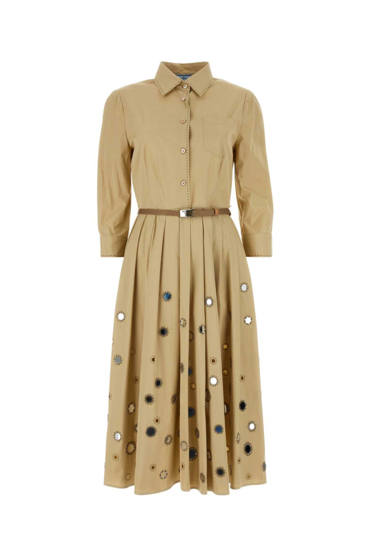 Prada Mirror Embellished Belted Midi Dress In Beige