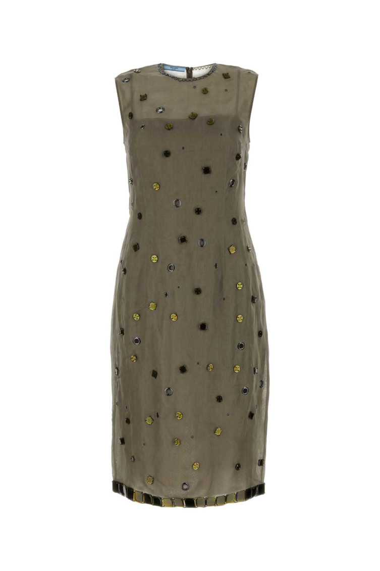 Prada Beige Eyelet-embellished Silk Dress In Grey